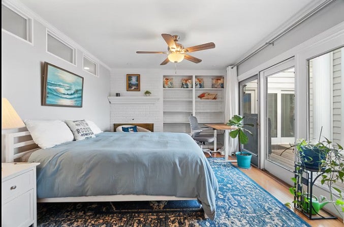 Minimalist queen bedroom offering a clean, uncluttered space, ideal for guests who enjoy simplicity and comfort.