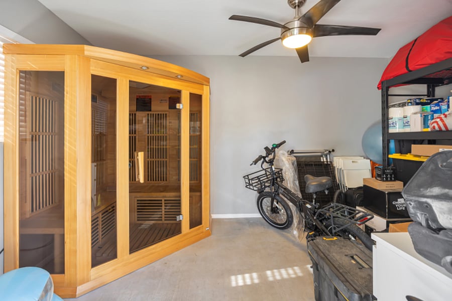 Climate-controlled modern shed w/three-person infrared sauna, concrete flooring and ample storage