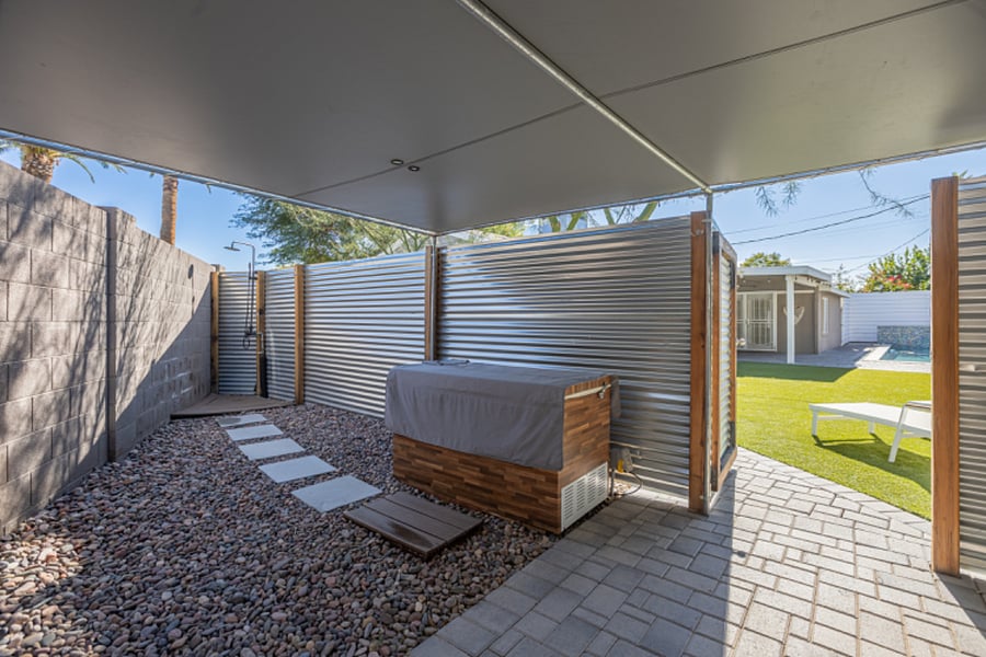 Covered ice bath area w/outdoor shower and awning for year-round use