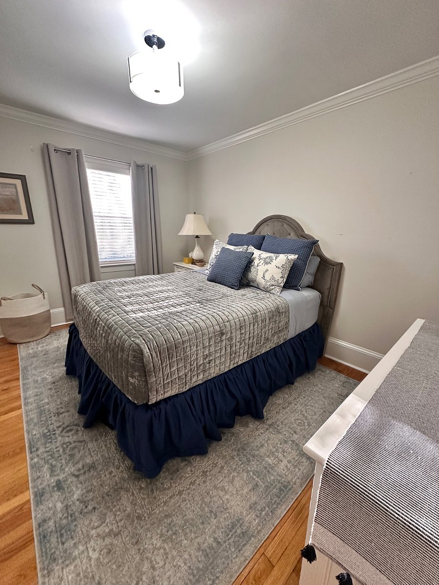 BR 2, queen bed, dresser with mirror & Nightstand, blackout curtains & clothes hamper