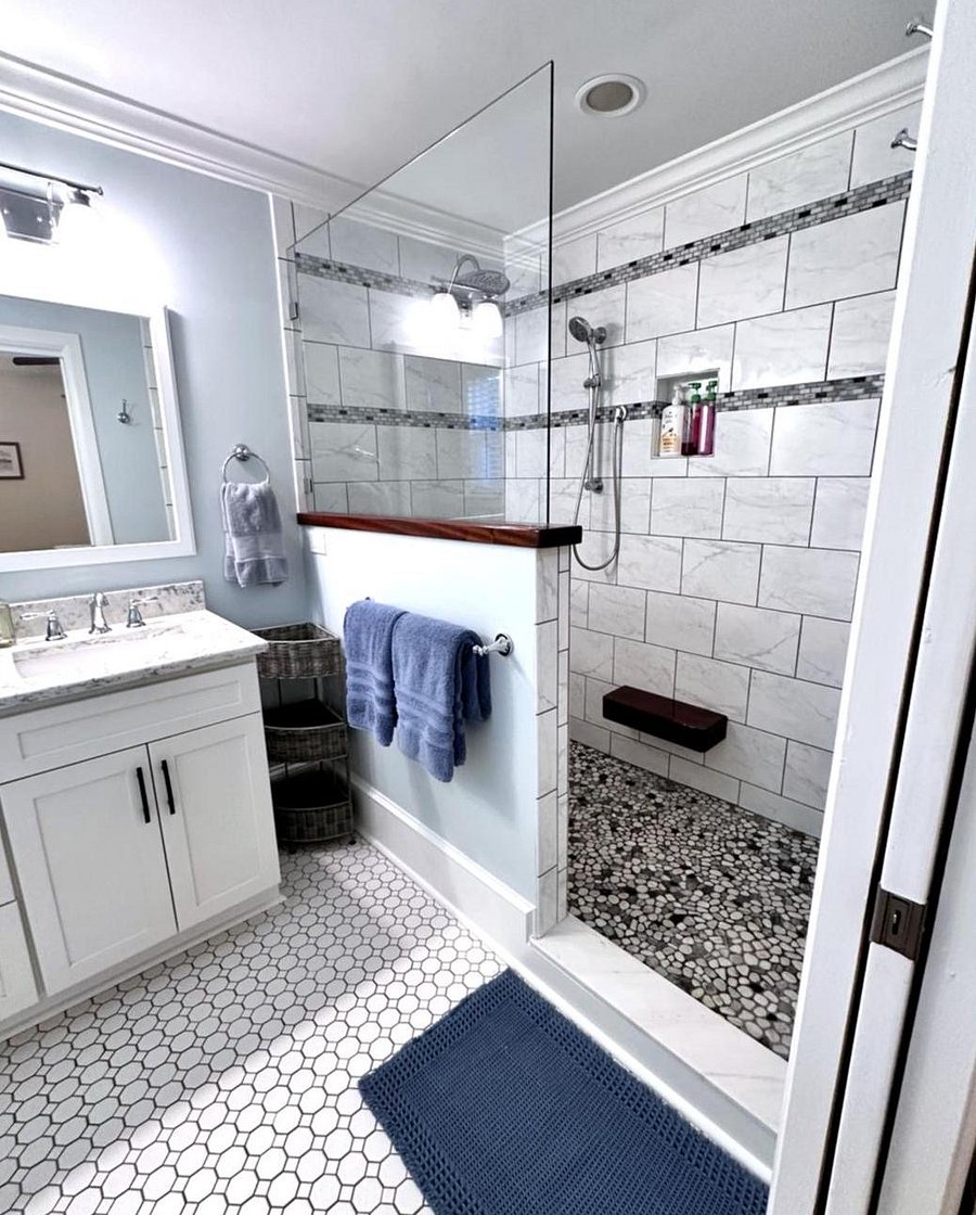 Master bath with double vanity and rain shower