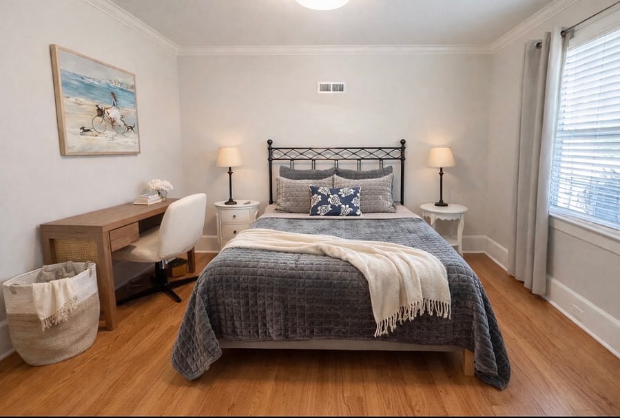 Bedroom 1, Queen bed, Roku TV, Desk/work area, Tall Dresser, blackout curtains & clothes hamper