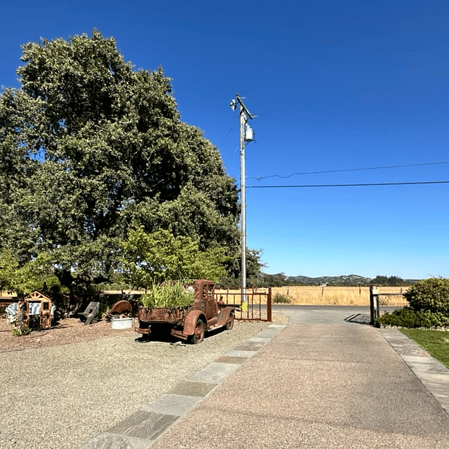 Entrance to the property with a bit of yard art.
