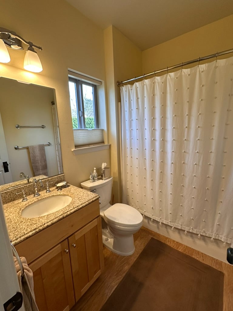 Top down/bottom up shade in the bathroom. Early risers can enjoy the sun as it rises over the mountains.