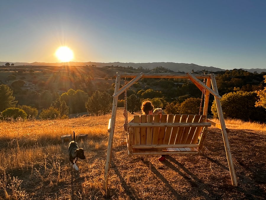 Enjoy the Bench Swing at the top of the hill.