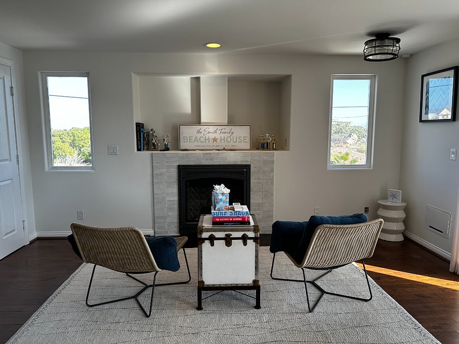 Second floor seating area with fireplace