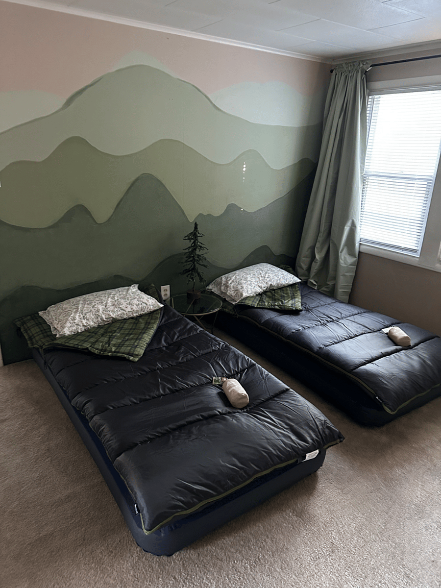 Upper Floor - Camping Themed Bedroom #1 (Two Twin Air Mattresses (this bedroom can open up or be separate from the King Bedroom. Photos of King Bedroom coming soon.