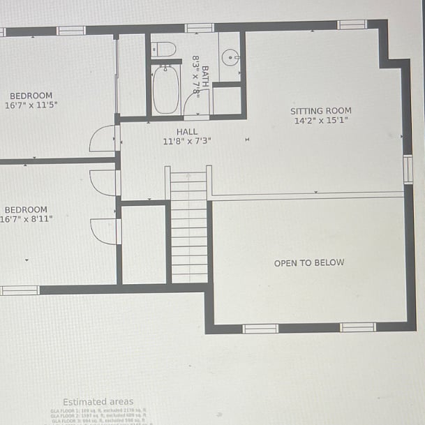 Second floor layout. Bedroom is on lower left side of photo. Loft.
