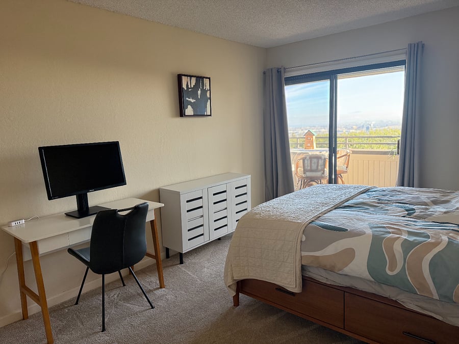 Desk, extended monitor, shoe storage cabinet
