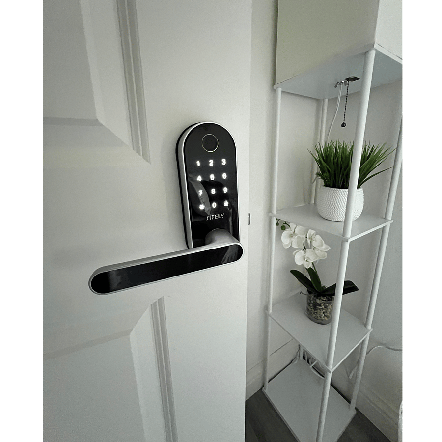 Fingerprint and keypad lock on each room door 