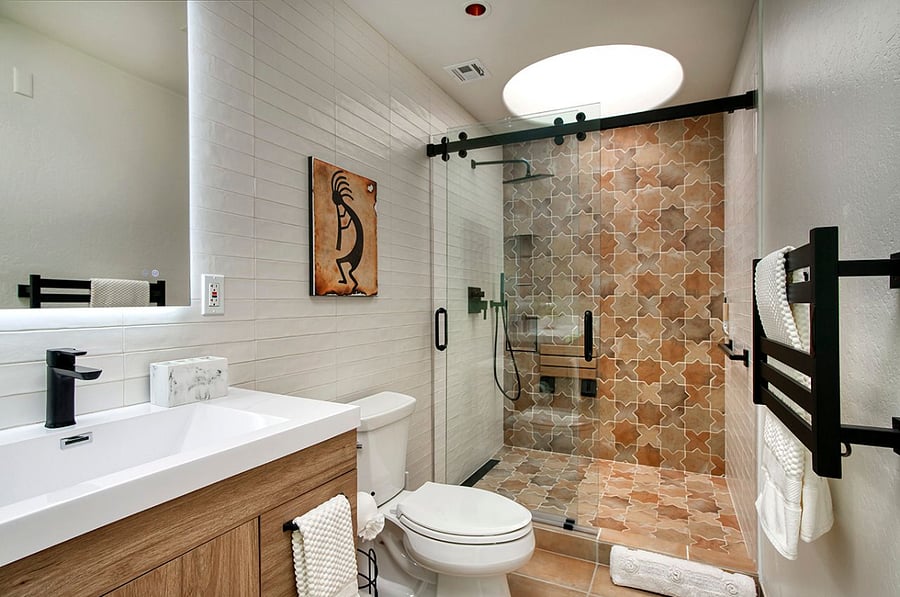 Primary Ensuite Walk-In Shower, grab bar & seat. Towel warmer rack.