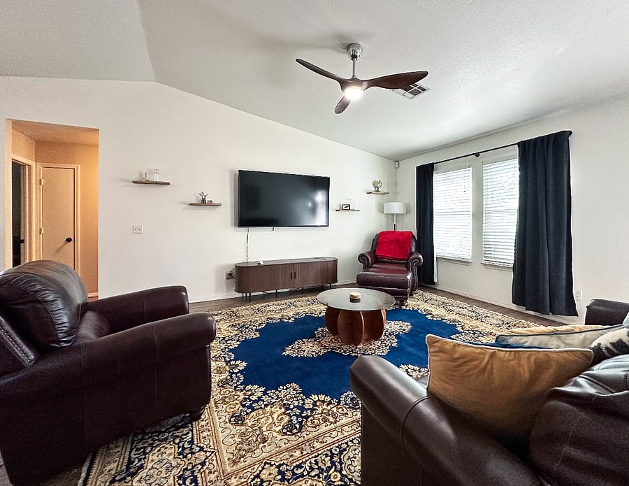 Black out curtains in living room area, pull out full size bed in sofa. Smart TV. 