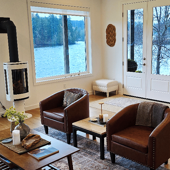 Entry, water view & gas fireplace