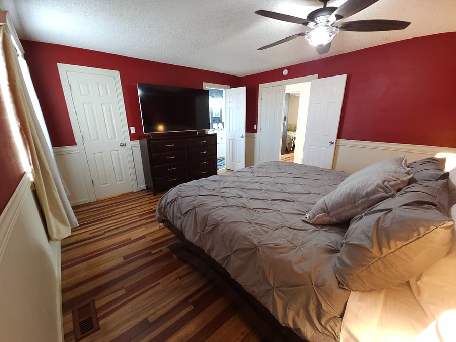 Large Visio smart TV with Roku. Walk in closet and attached bathroom.