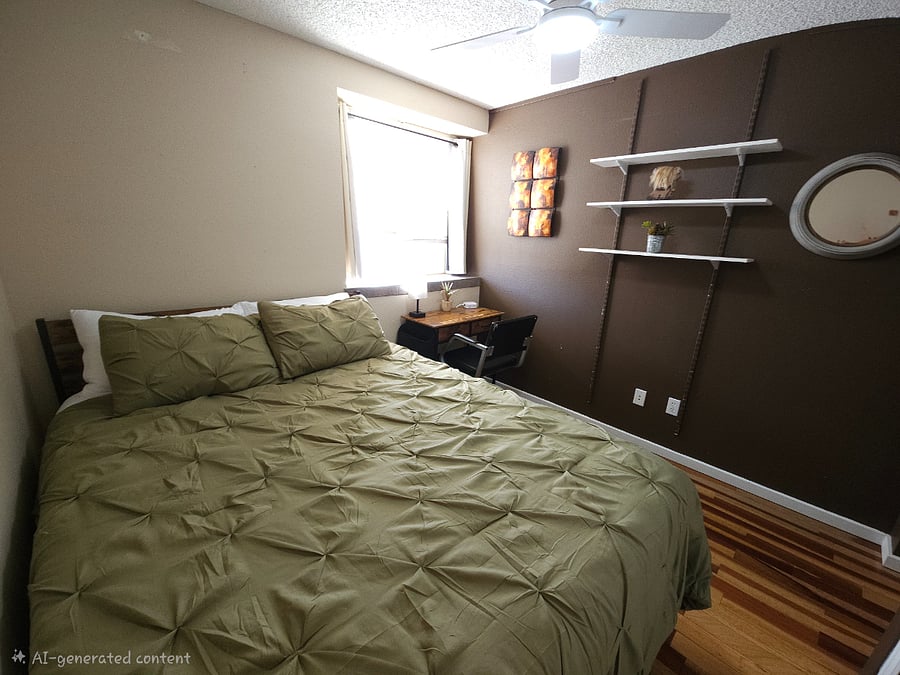 Table lamp with USB ports. Ceiling fan with remote control. Large closet space