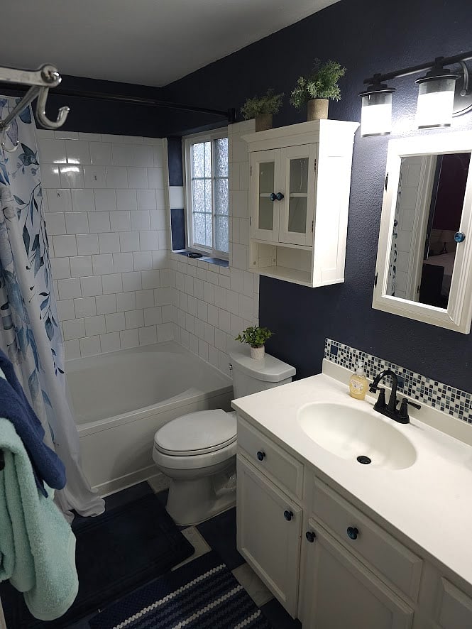 Large shower with tub. Includes hair dryer & vanity mirror with light