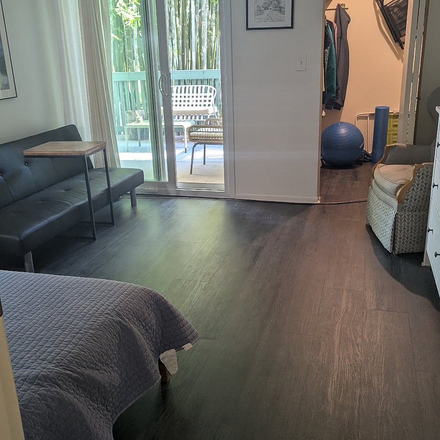 bedroom with walk in closet and slider to patio