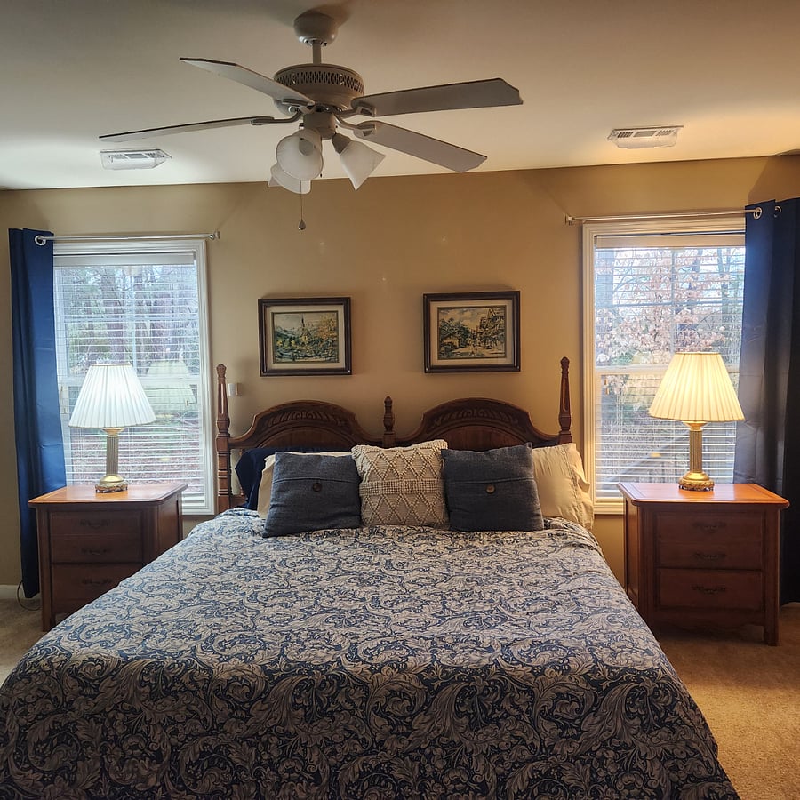 Master bedroom with King bed. 2 bedside tables and 1 chest of drawers. Black out curtains and shades.
