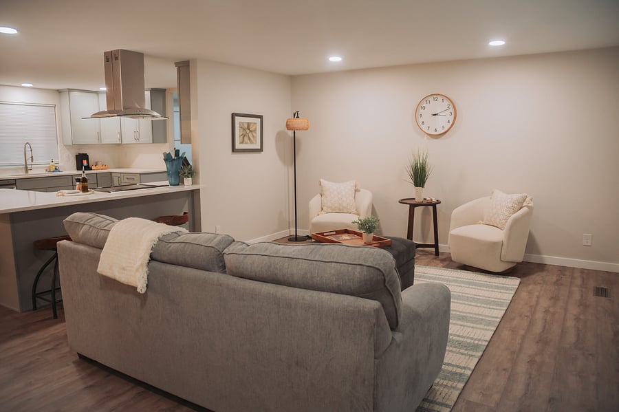 Full view of the front living room and open kitchen for entertaining made easy