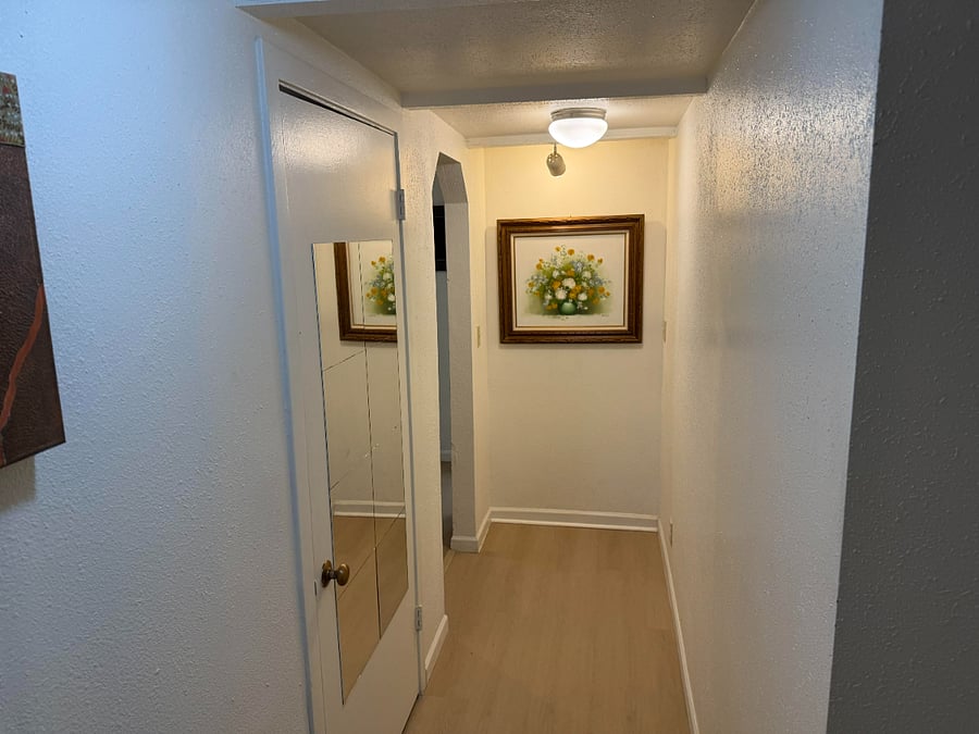 hallway. bathroom 1 is through the mirrored door, laundry room is left at the end of the hallway, bedroom 1 is to the right. behind is the living, dining, and kitchen space.