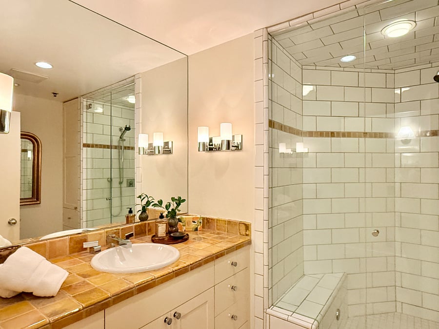 Beautiful bathroom with shower and plenty of storage!
