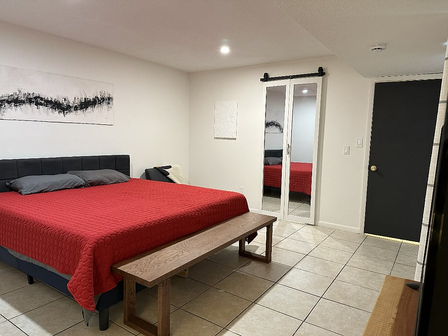 Main bedroom with hanging mirror barndoor access to bathroom vanity area with seperate shower area.
