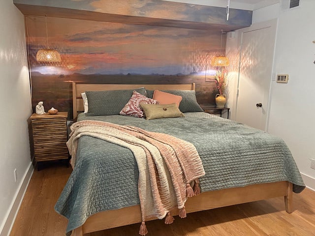 King size bed with plush bedding and dimmable lighting for reading or ultimate relaxation!