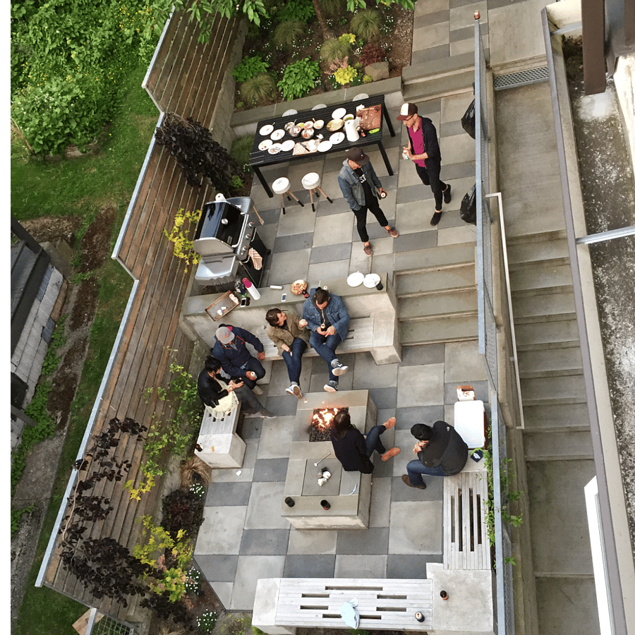 View of lower patio (before greenery was mature) from 3rd floor balcony