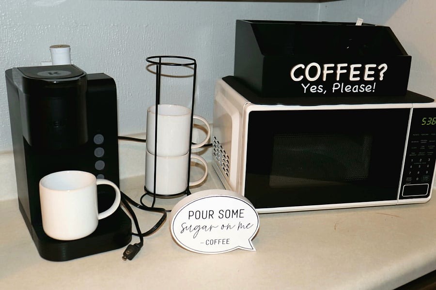Start your morning right at our dedicated coffee station, featuring a Keurig and complimentary mugs for that essential pre-shift caffeine