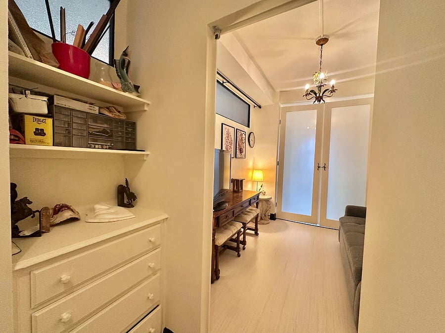 Drawers and shelves.