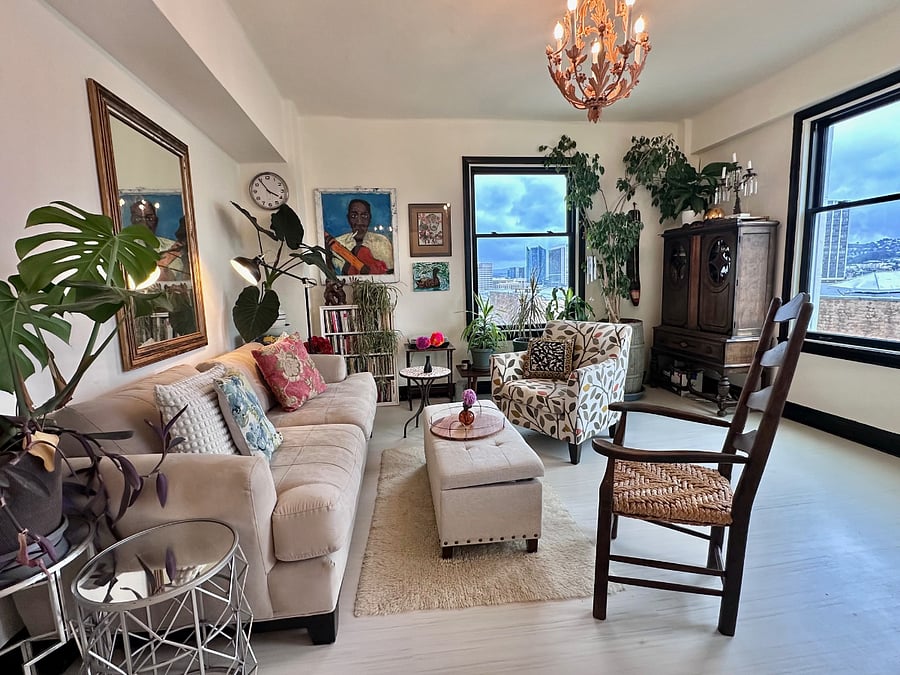 Living/dining room with city views.