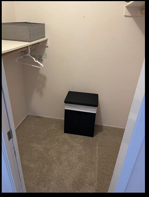 Bohemian room's walk-in Closet.
Organize in style! Our walk-in closet features plenty of storage, hangers, a hamper, and a full-length mirror for your convenience.