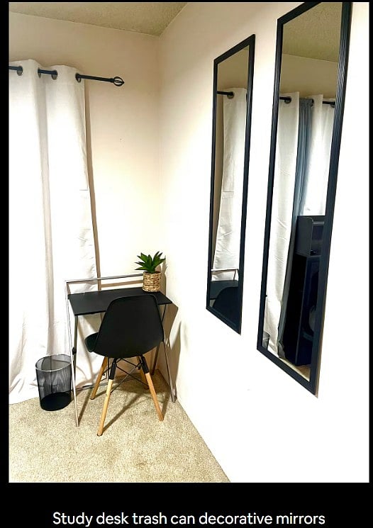 Cozy Grey Room's study desk. Smart TV in room and Ceiling Fan