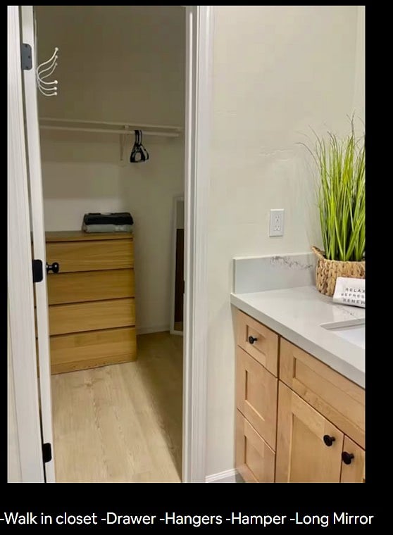 Green Haven Suite:
Stay organized in style! The Green Haven Suite offers a resort-style restroom and walk-in closet complete with hamper, chest for plenty of storage, hangers, and full-length mirror for your convenience.