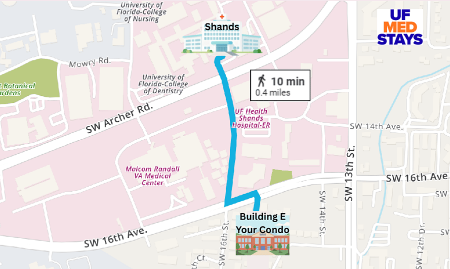 10-minute walk to UF Health Shands. Front of community, well-lit, easy to find, walk to 13th St fast-casual and sit-down dining, coffee, and conveniences. Bus stop in front of building.