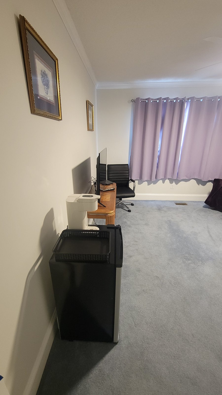Large Dorm refrigerator and Keurig coffee pot.