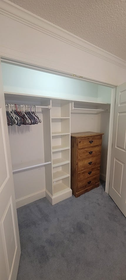 Roomy closet with chest of drawers.