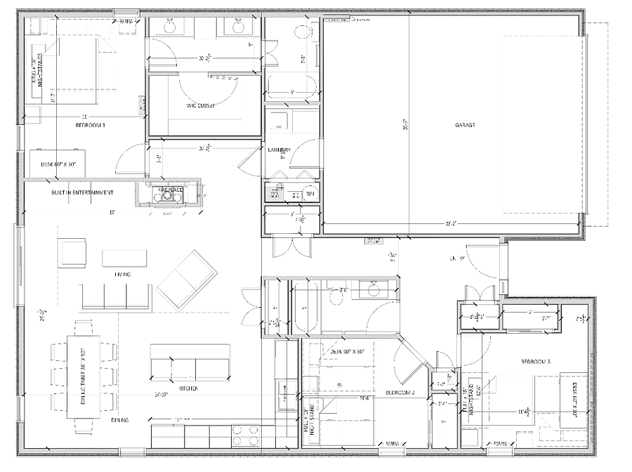 The two car garage opens into a mud room and laundry room, then into the open-plan kitchen, dining, and living rooms.