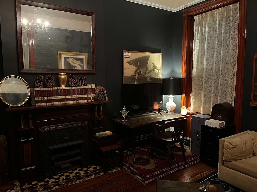 Desk and smart TV.