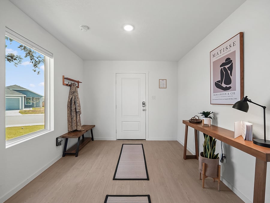 Complete with convenient space to hang your coats and kick off your shoes as you settle in.