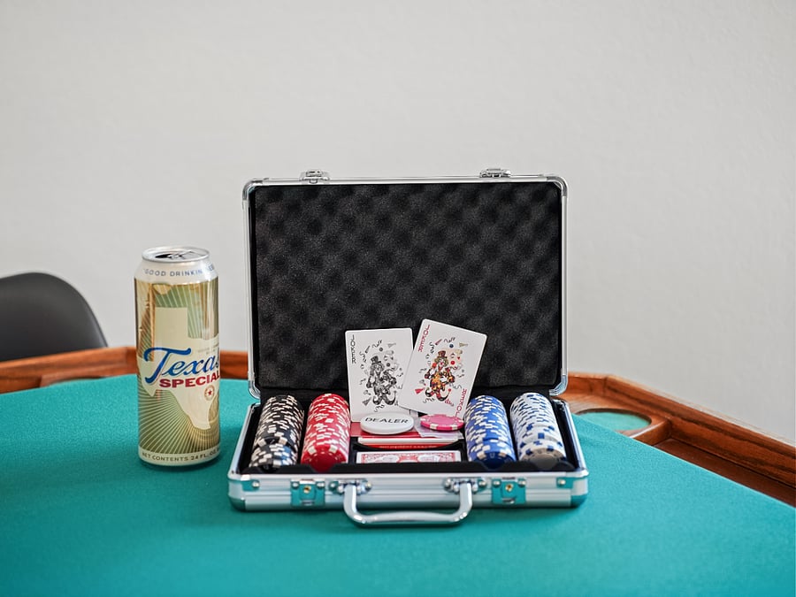 Poker chips stacked and ready  everything you need for a friendly game night is right here.