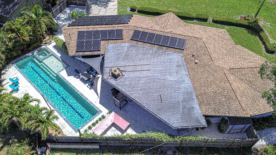 Aerial View - Heated Saltwater Pool & Hot Tub, Solar w/ power bank (if electric cuts out, you're still w/ power), designated RV/Boat Parking