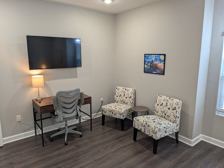 A desk, office chair and additional space allows you to work from home. The lake house also features free and reliable wi-fi.
