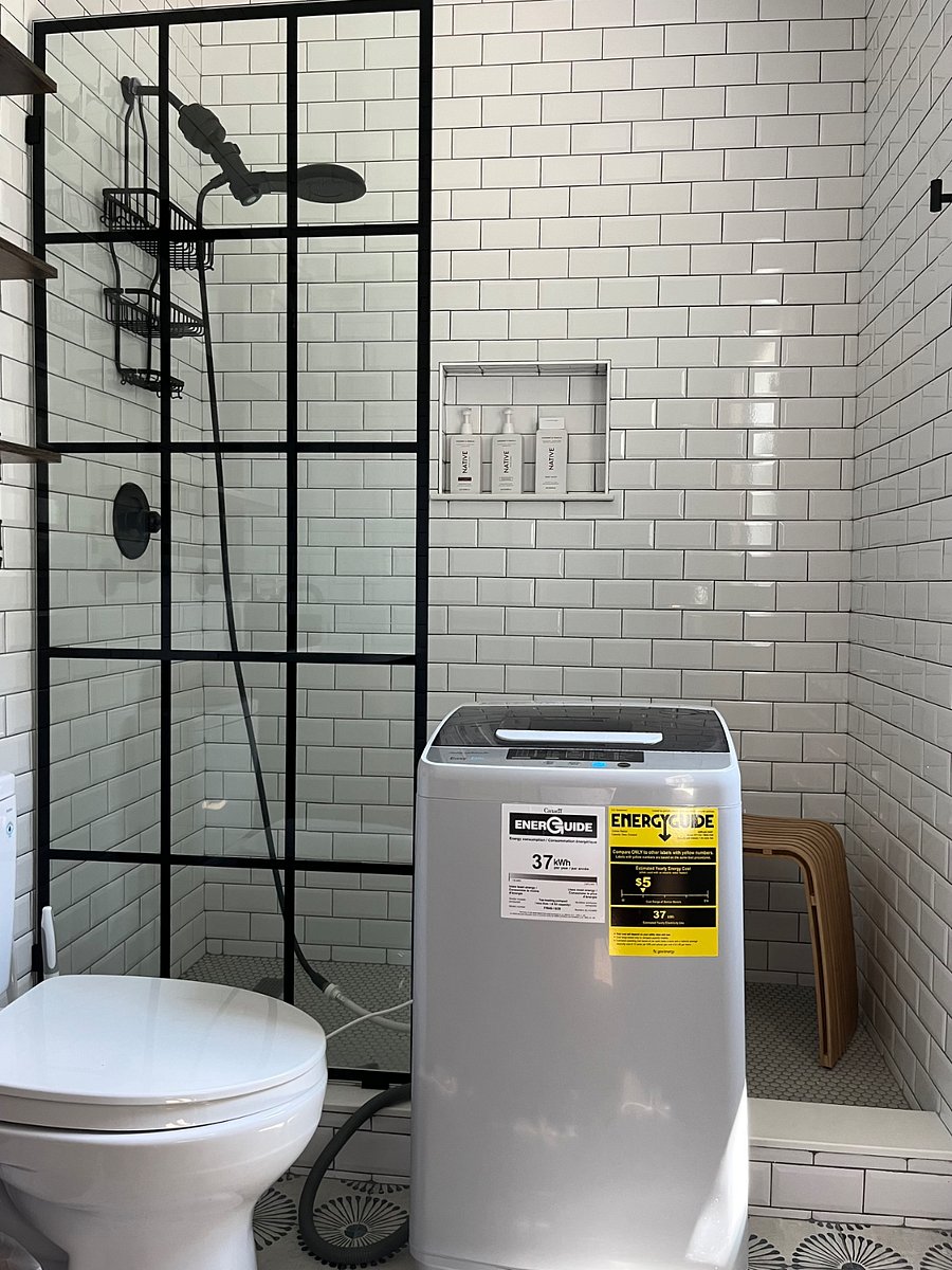 Portable washer easily hooks up to shower.