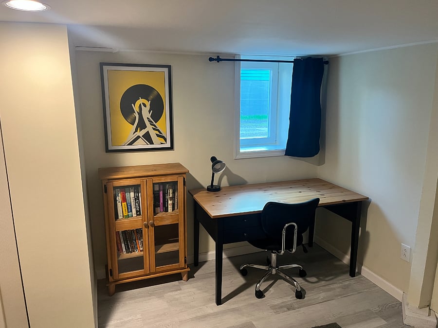 Office space, with desk and bookshelf