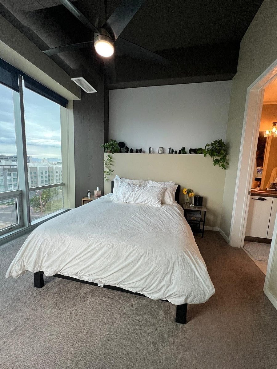 Primary bedroom (mirror, bed, nightstands included in rental. Personal decor and plants will be removed for renter)