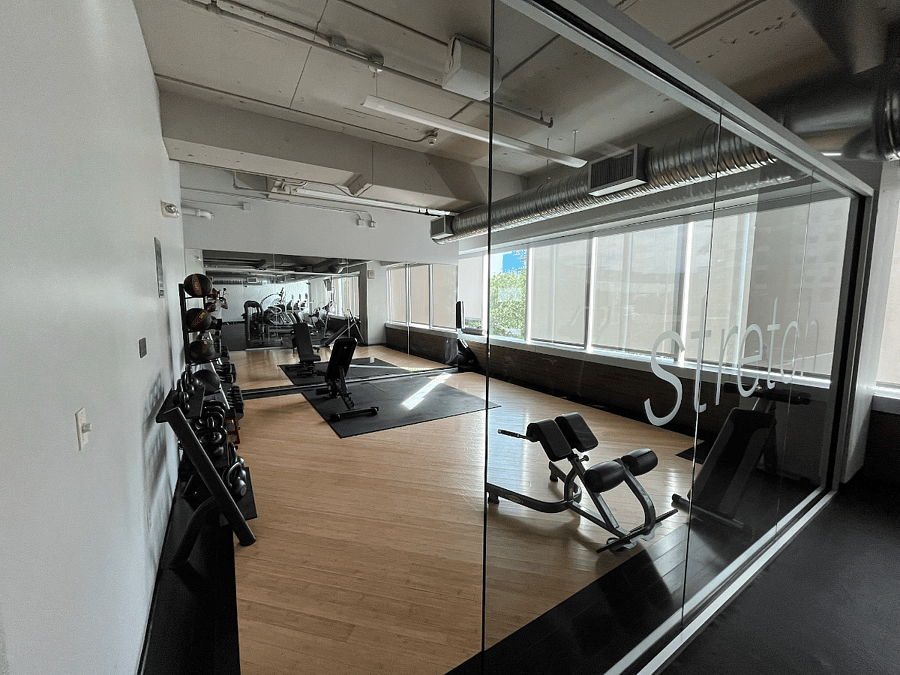 Gym (weights, mats, and stretching area)
