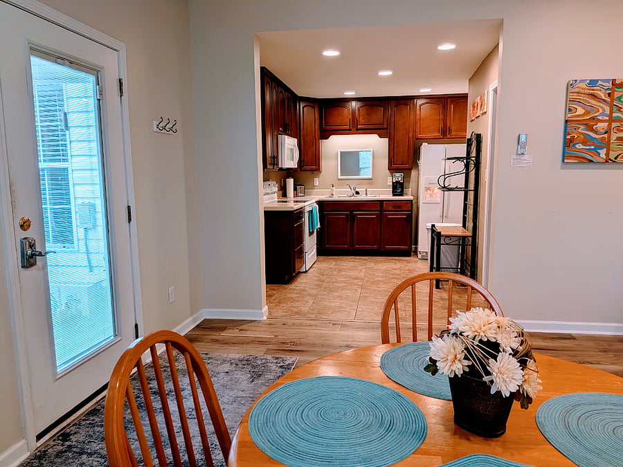 View from dining area into kitchen