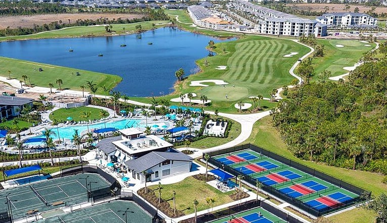 Main pool complex with gym, bocce ball, pickleball, tennis & a Tiki Bar