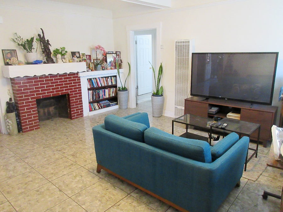 Shared living room, with TV and couch. (The fireplace is just decorative at this point)